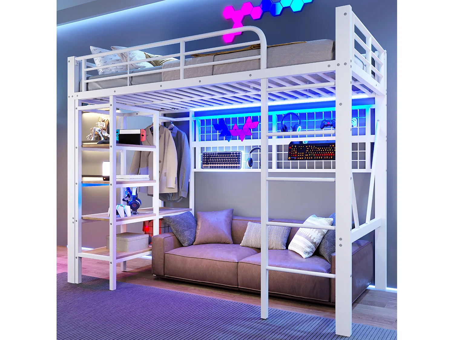 Łóżko piętrowe dla dzieci - 90 x 200 cm - rama żeliwna - z półką do przechowywania + drążek na ubrania + diody LED - metalowe - białe 4840135 - obrazek 1