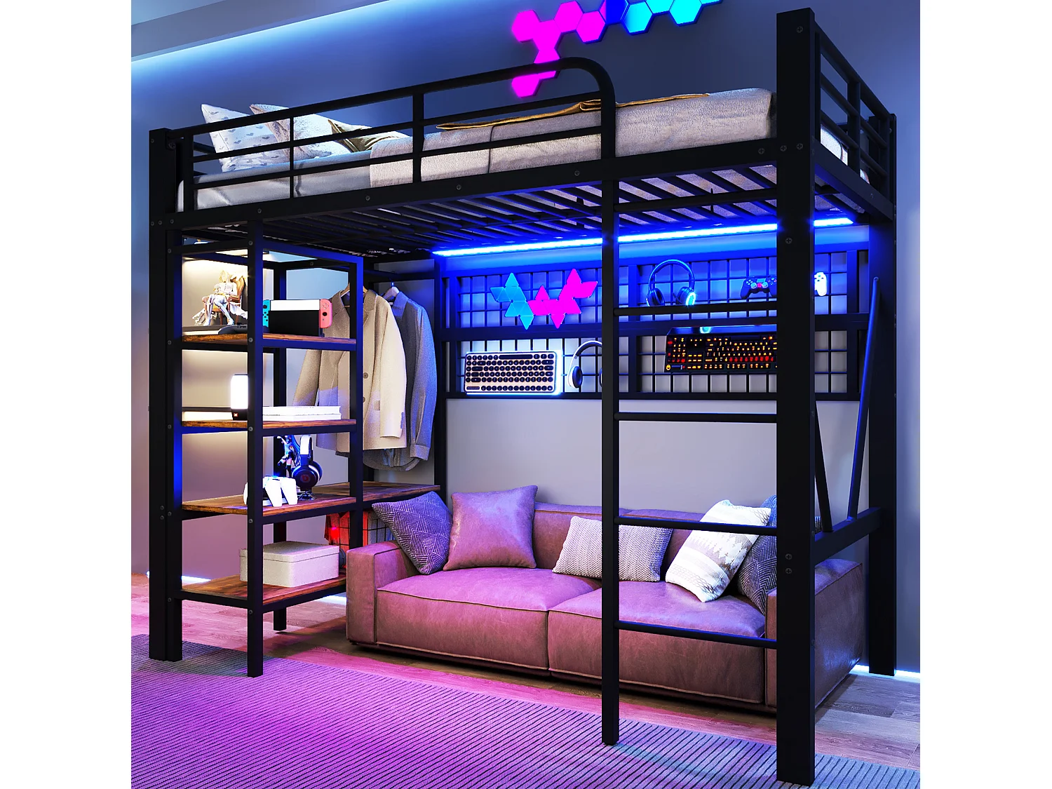 Łóżko piętrowe dla dzieci - 90 x 200 cm - rama żeliwna - z półką do przechowywania + drążek na ubrania + diody LED - metalowe - czarne 4840147 - obrazek 1