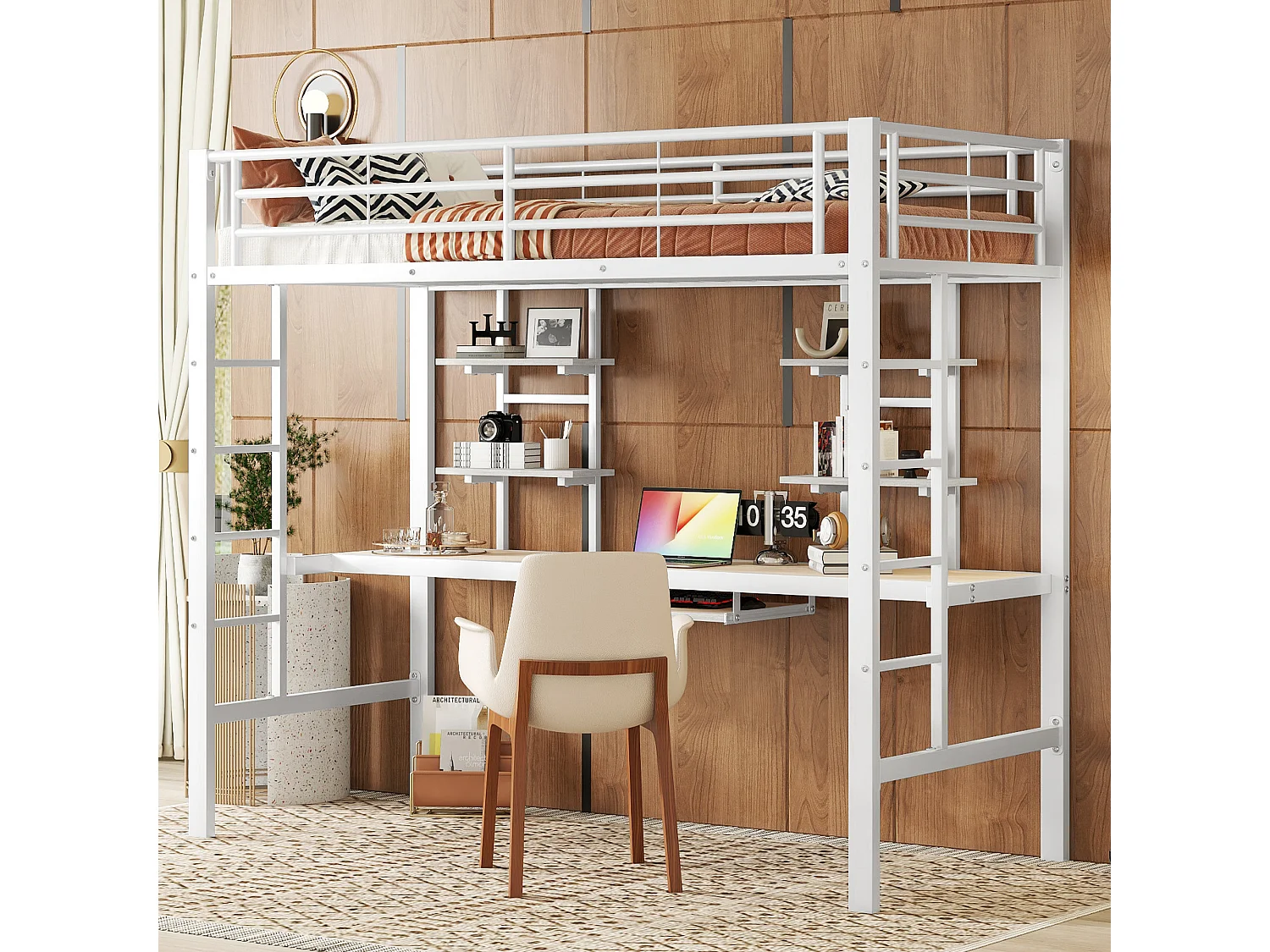 Łóżko piętrowe dla dzieci - 90 x 200 cm - z biurkiem i półkami - metal i płyta MDF - białe 4840149 - obrazek 1