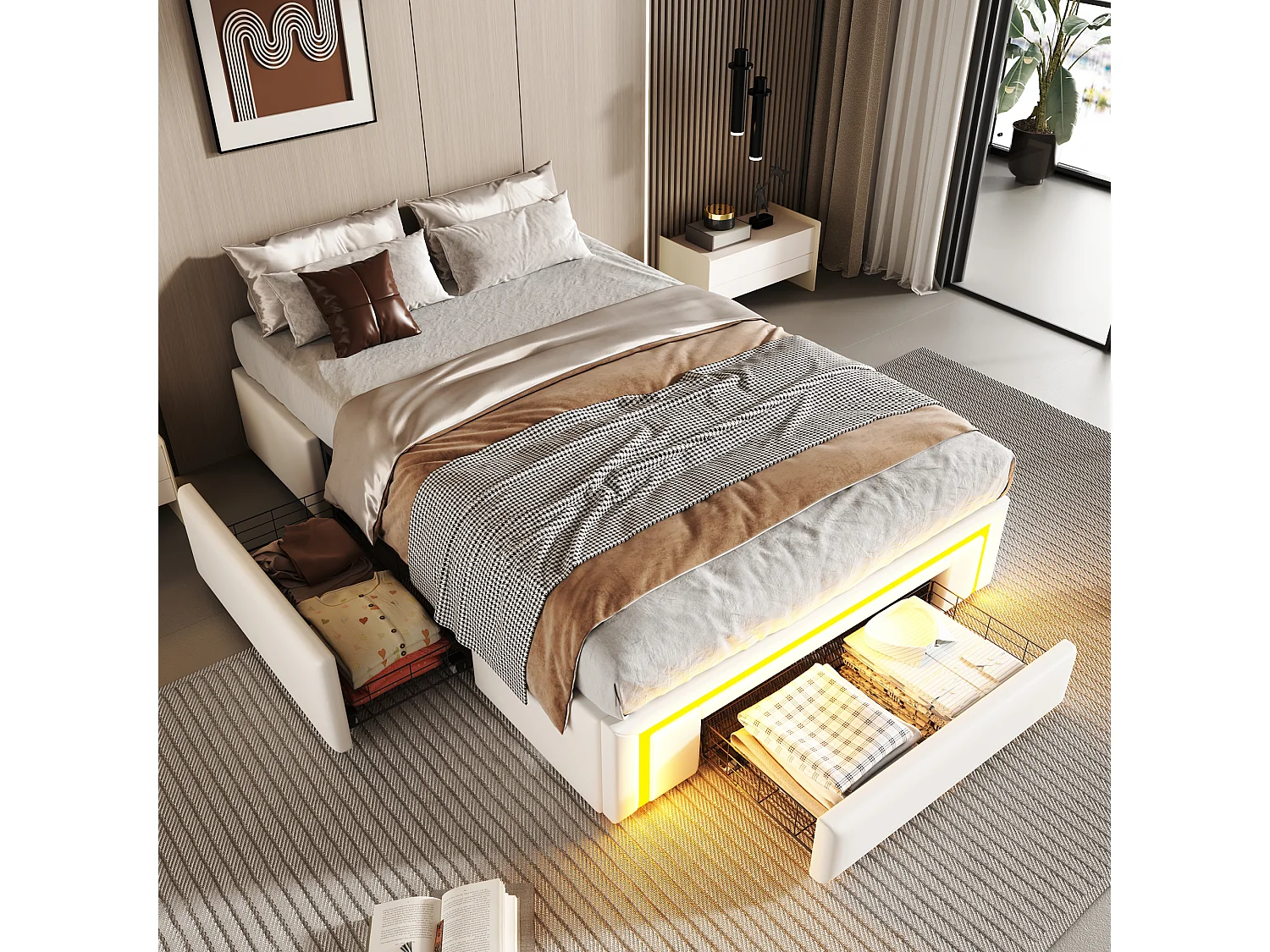 Łóżko dziecięce z pojemnikiem - 90 x 200 cm - z 2 szufladami + oświetlenie LED - bez zagłówka - skóra ekologiczna + metal + płyta MDF - białe 4840167 - obrazek 1