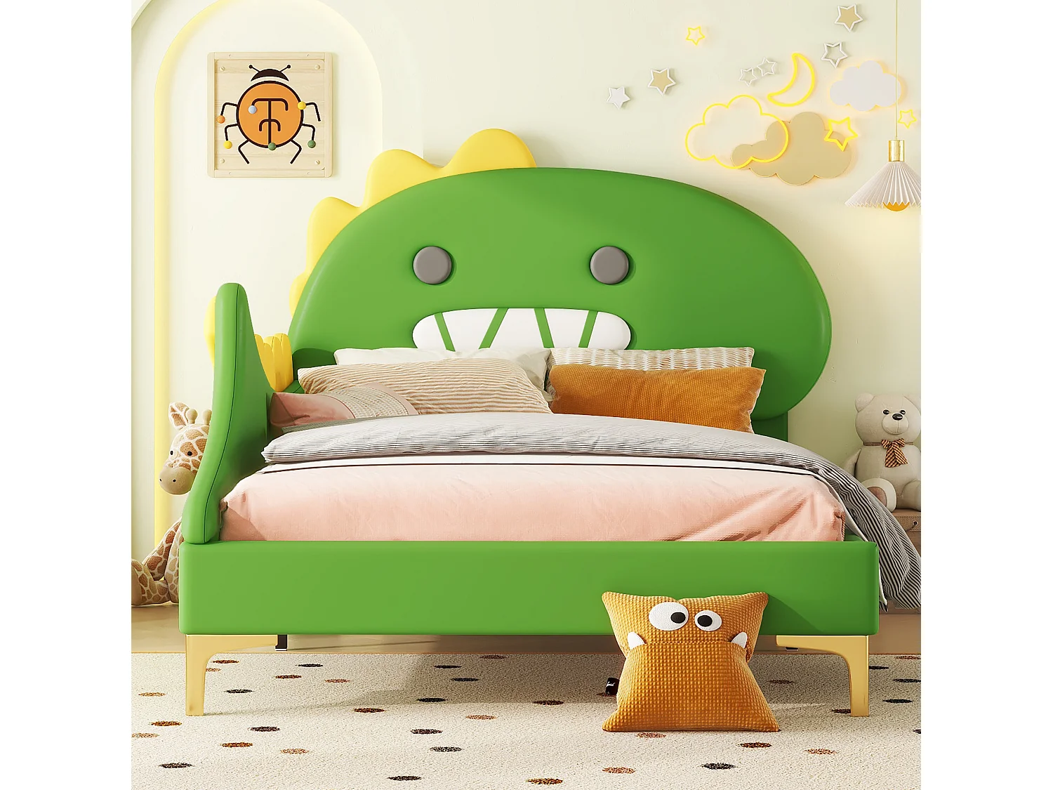 Łóżko dziecięce z motywem kreskówkowym - 90 x 200 cm - rama łóżka platformowego - PU - zielone 4044863 - obrazek 1