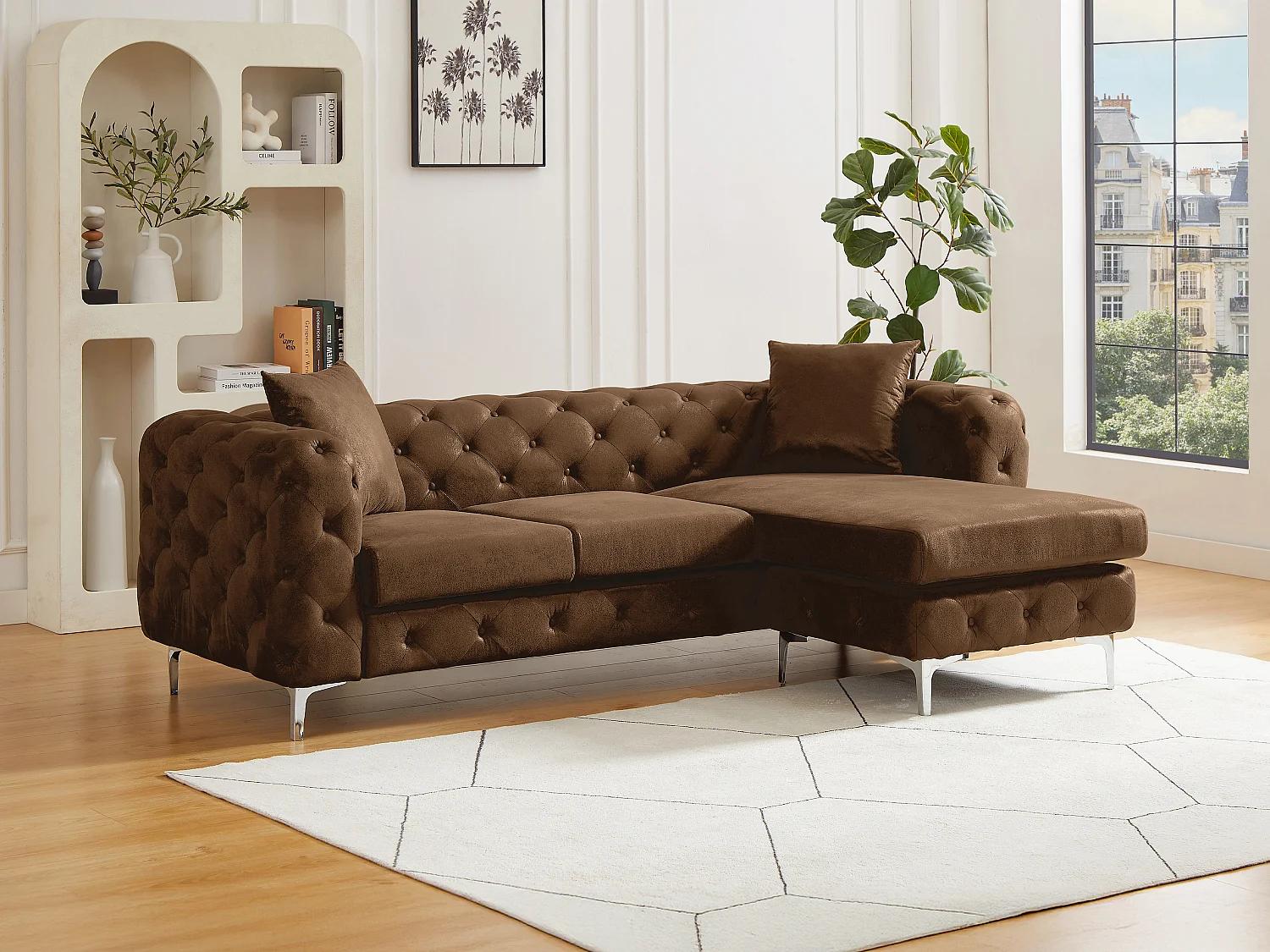 Kanapa narożna odwracalna chesterfield z mikrofibry imitująca brązową postarzaną skórę EDWINA 4384141