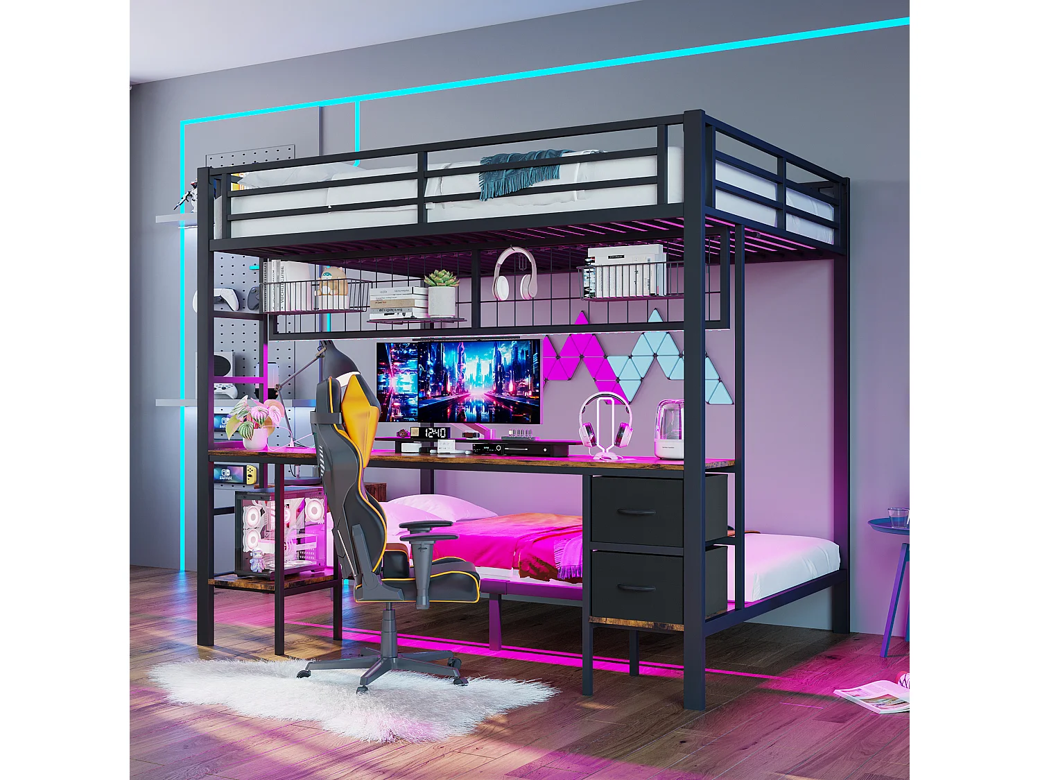 Łóżko piętrowe dla dzieci - 90 x 200 + 140 x 200 cm - z 2 szufladami + biurko + diody LED + USB - metalowe - czarne 4157065 - obrazek 1