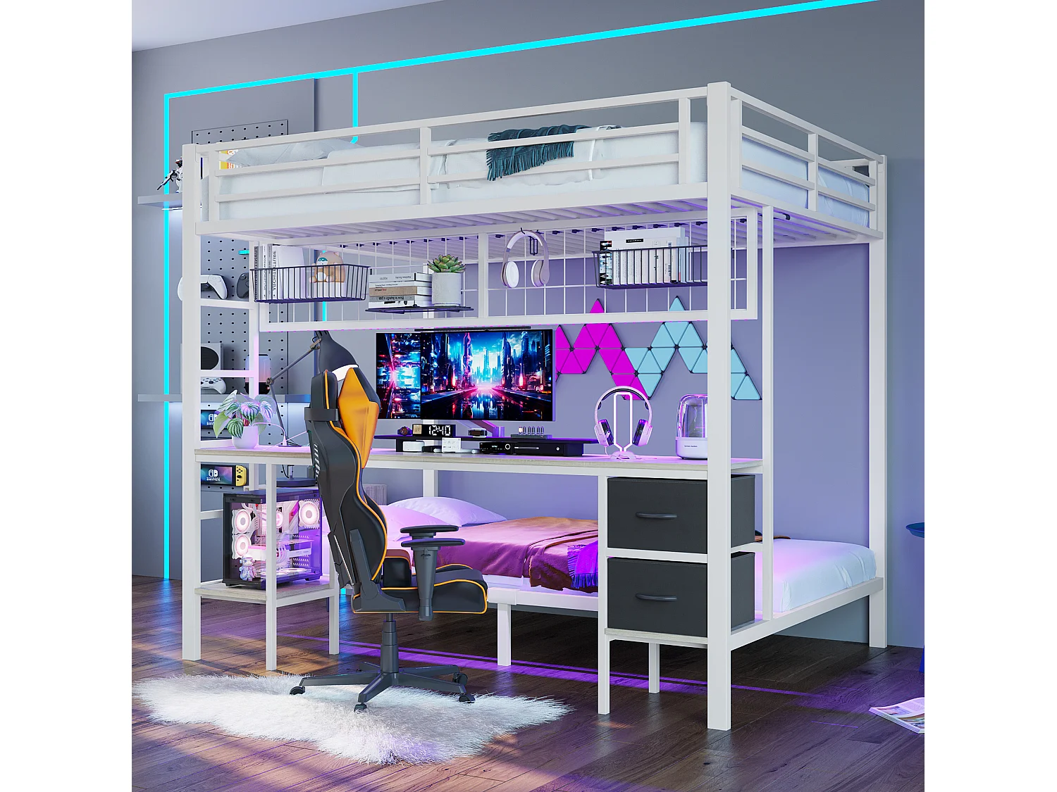 Łóżko piętrowe dla dzieci - 90 x 200 + 140 x 200 cm - z 2 szufladami + biurko + diody LED + USB - metalowe - białe 4157070 - obrazek 1
