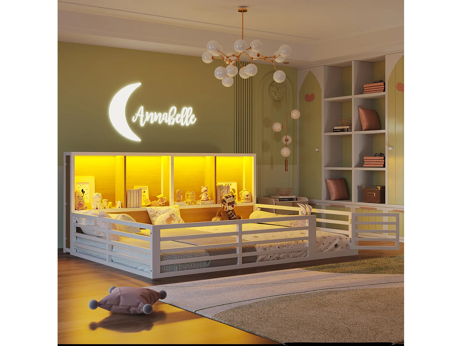 Łóżko dziecięce z barierką - 140 x 200 cm - stolik nocny z pojemnikiem - ze stelażem - płyta MDF + metal - białe 4273261 - obrazek 1