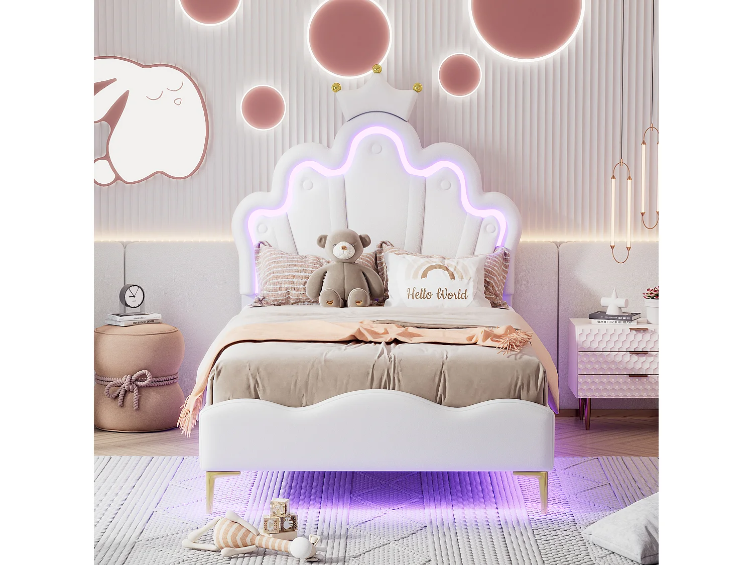 Łóżko dziecięce płaskie - 90 x 200 cm - z regulowanymi diodami LED - w miękkiej skórze PU - białe 4098948 - obrazek 1