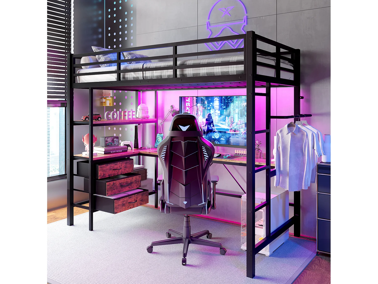 Łóżko piętrowe dla dzieci - 90 x 200 cm - z diodami LED + biurko + port USB + 3 szuflady - metal + płyta MDF - czarne 4273666 - obrazek 1