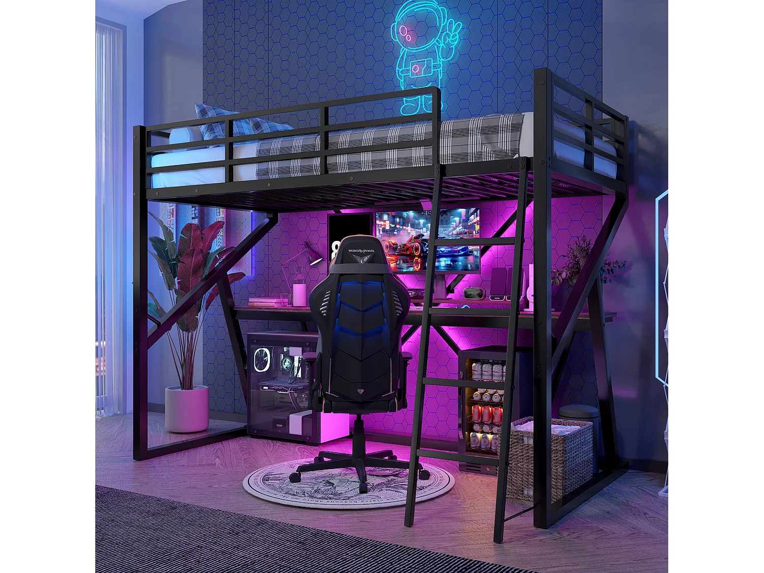 Łóżko piętrowe dla dzieci - 90 x 200 cm - rama żeliwna - z diodami LED + schody + biurko - Metal + MDF - czarne 4189400 - obrazek 1