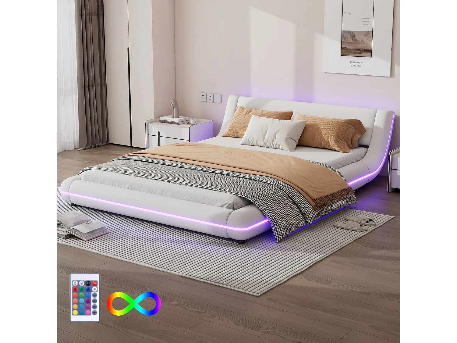 Łóżko podwójne 140 x 200 cm – Łóżko podłogowe – Skóra ekologiczna – Oświetlenie ambientowe LED z pilotem – Białe 2915007