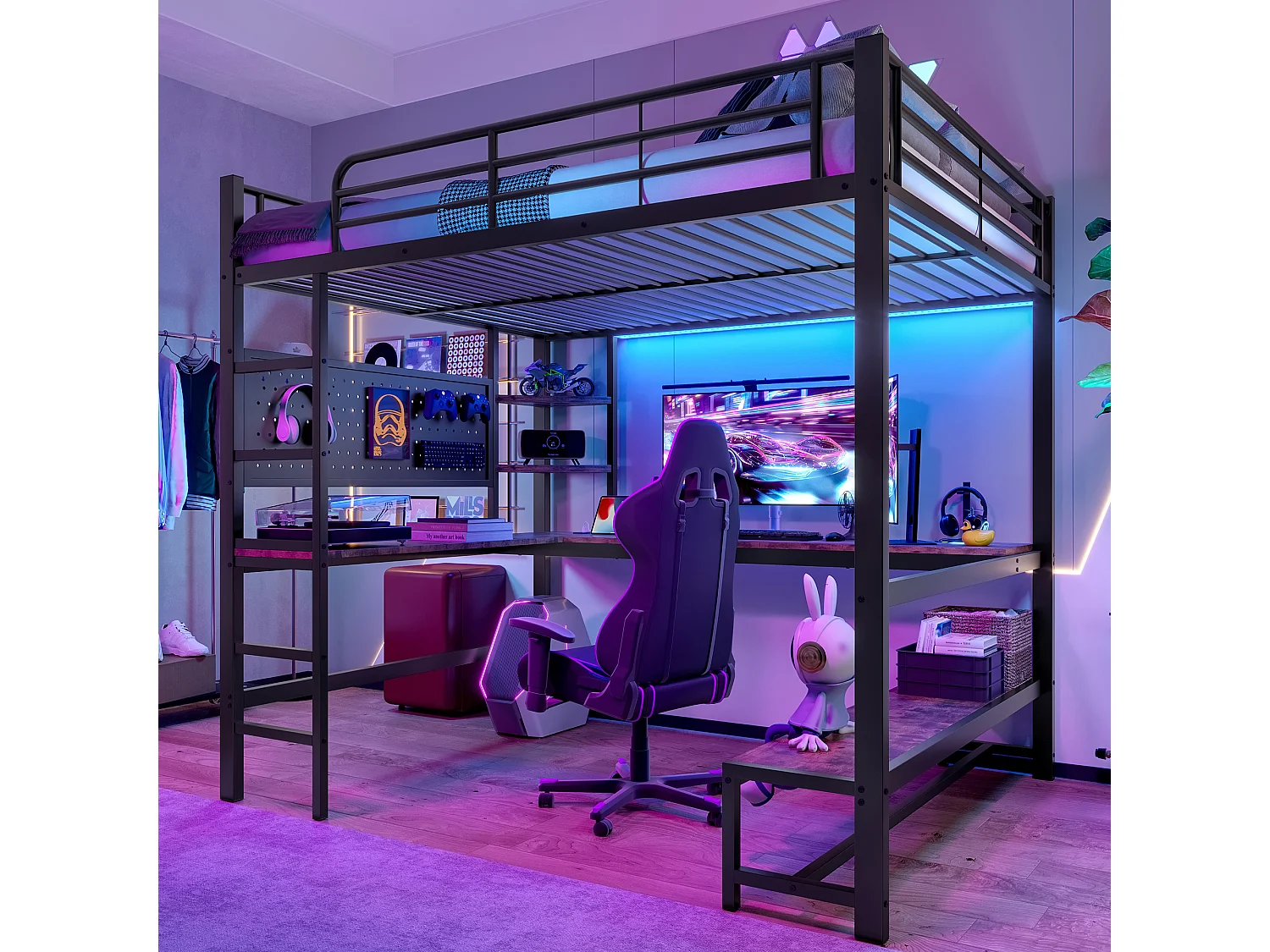 Łóżko piętrowe dla dzieci - 140 x 200 cm - rama żeliwna - z biurkiem + diody LED + USB + Type-C - metal + MDF - czarne 4271834 - obrazek 1