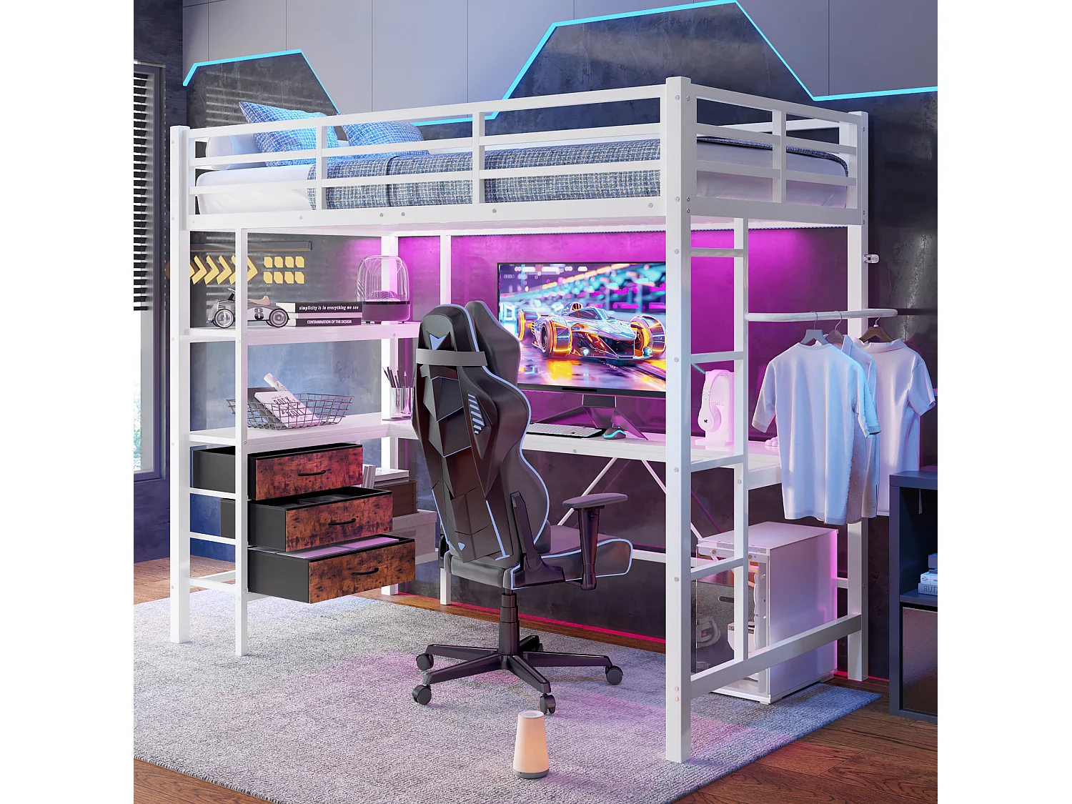 Łóżko piętrowe dla dzieci - 90 x 200 cm - z diodami LED + biurko + port USB + 3 szuflady - metal + płyta MDF - białe 4273653 - obrazek 1
