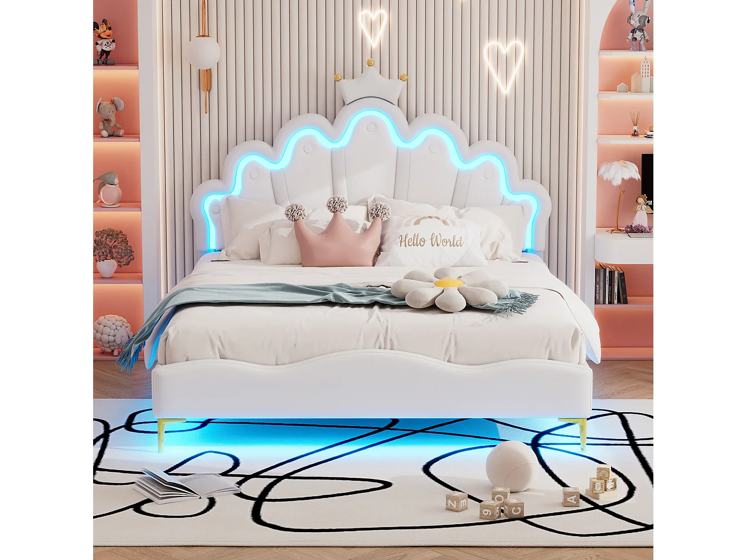 Łóżko dziecięce typu Princess, podwójne, 140 x 200 cm, z regulowanymi diodami LED, w miękkiej skórze PU, białe 4101468 - obrazek 1