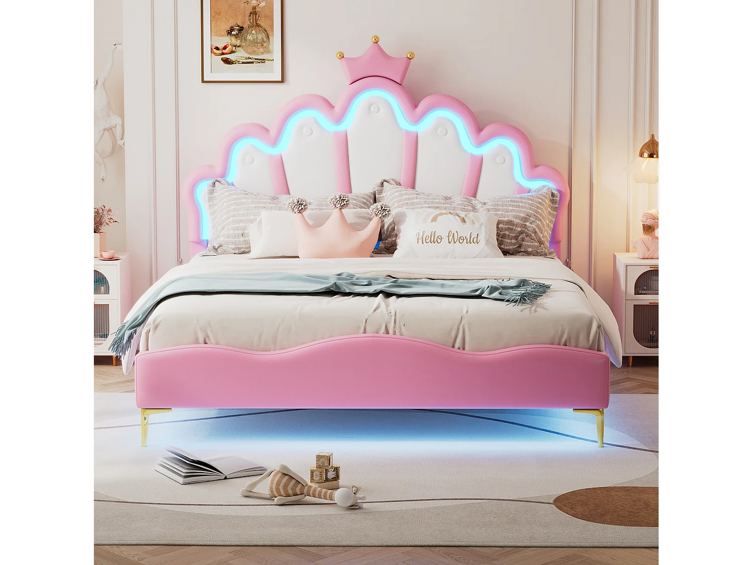 Łóżko dziecięce typu Princess z regulowanymi diodami LED, 140 x 200 cm, w miękkiej skórze PU, różowe 4101473 - obrazek 1
