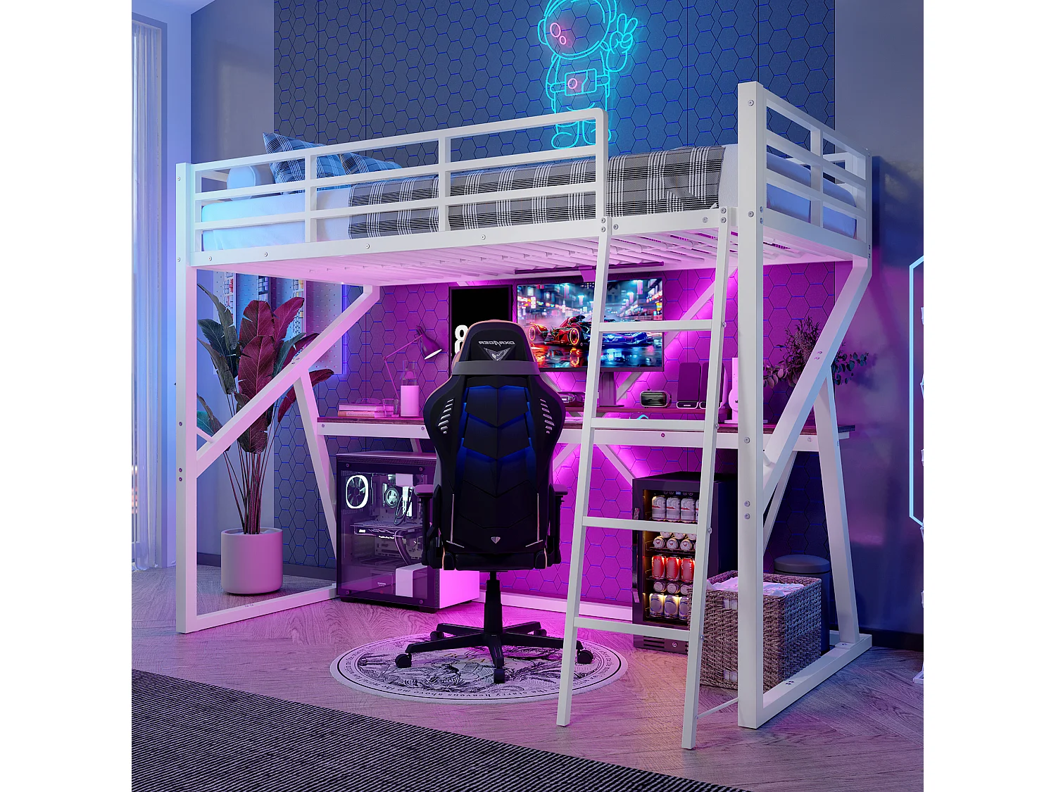 Łóżko piętrowe dla dzieci - 90 x 200 cm - rama żeliwna - z diodami LED + schody + biurko - Metal + MDF - białe 4189399 - obrazek 1