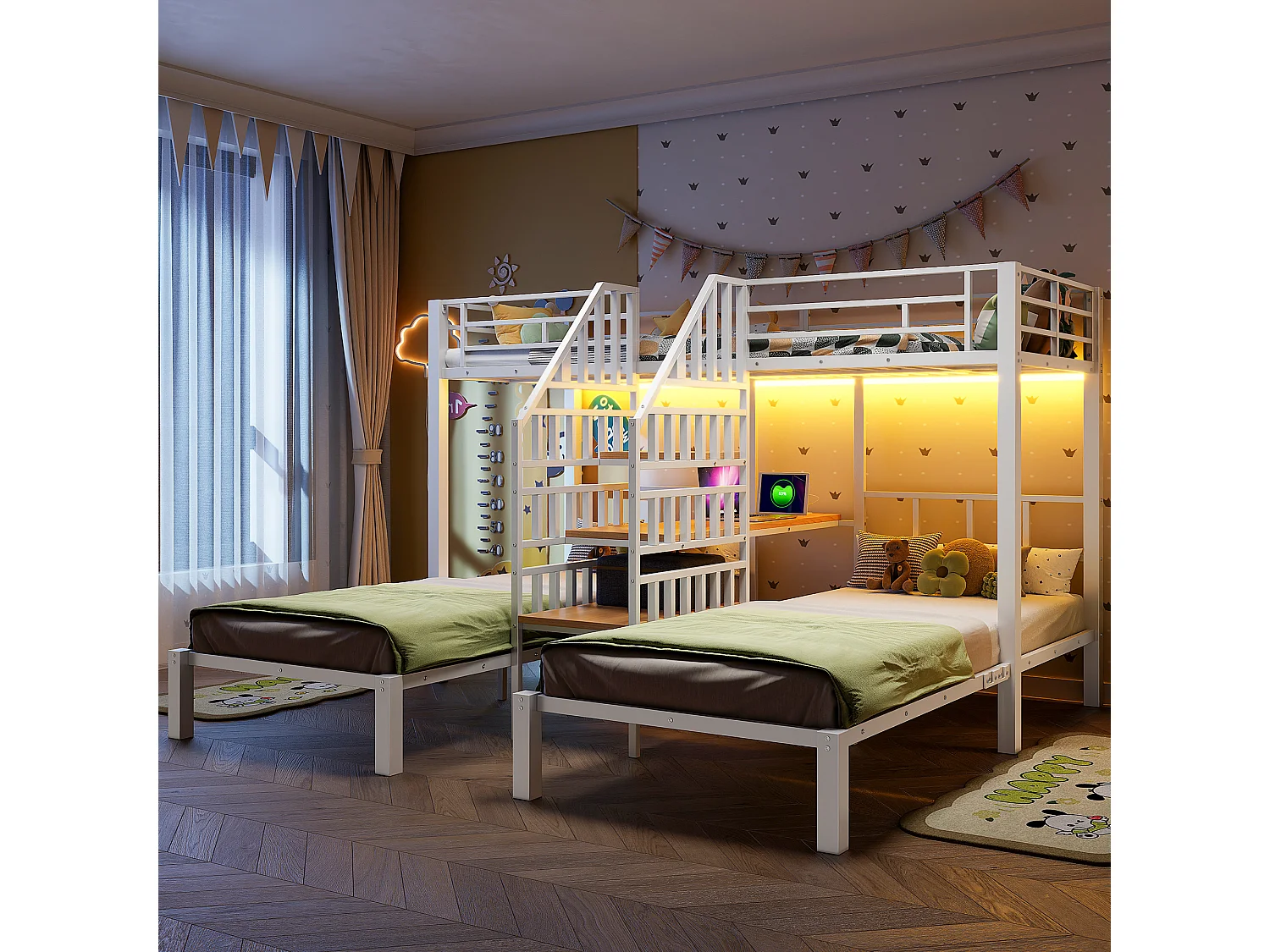 Łóżko piętrowe dla 3 osób - 3 x 90 x 200 cm - z diodami LED + 2 porty USB + gniazdko elektryczne + biurko + drabinka ze schowkiem - metalowe - białe 4853586 - obrazek 1