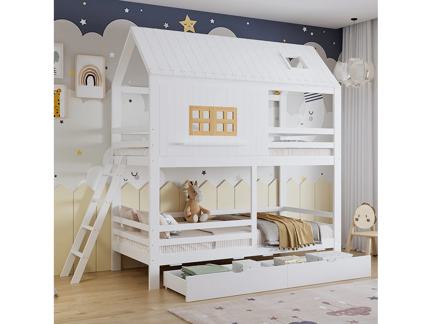 Łóżko piętrowe dla dzieci - 2 x 90 x 200 cm - z oknami + daszek + drabinka + 2 szuflady - sosna + płyta MDF - białe + naturalne 4853592 - obrazek 1