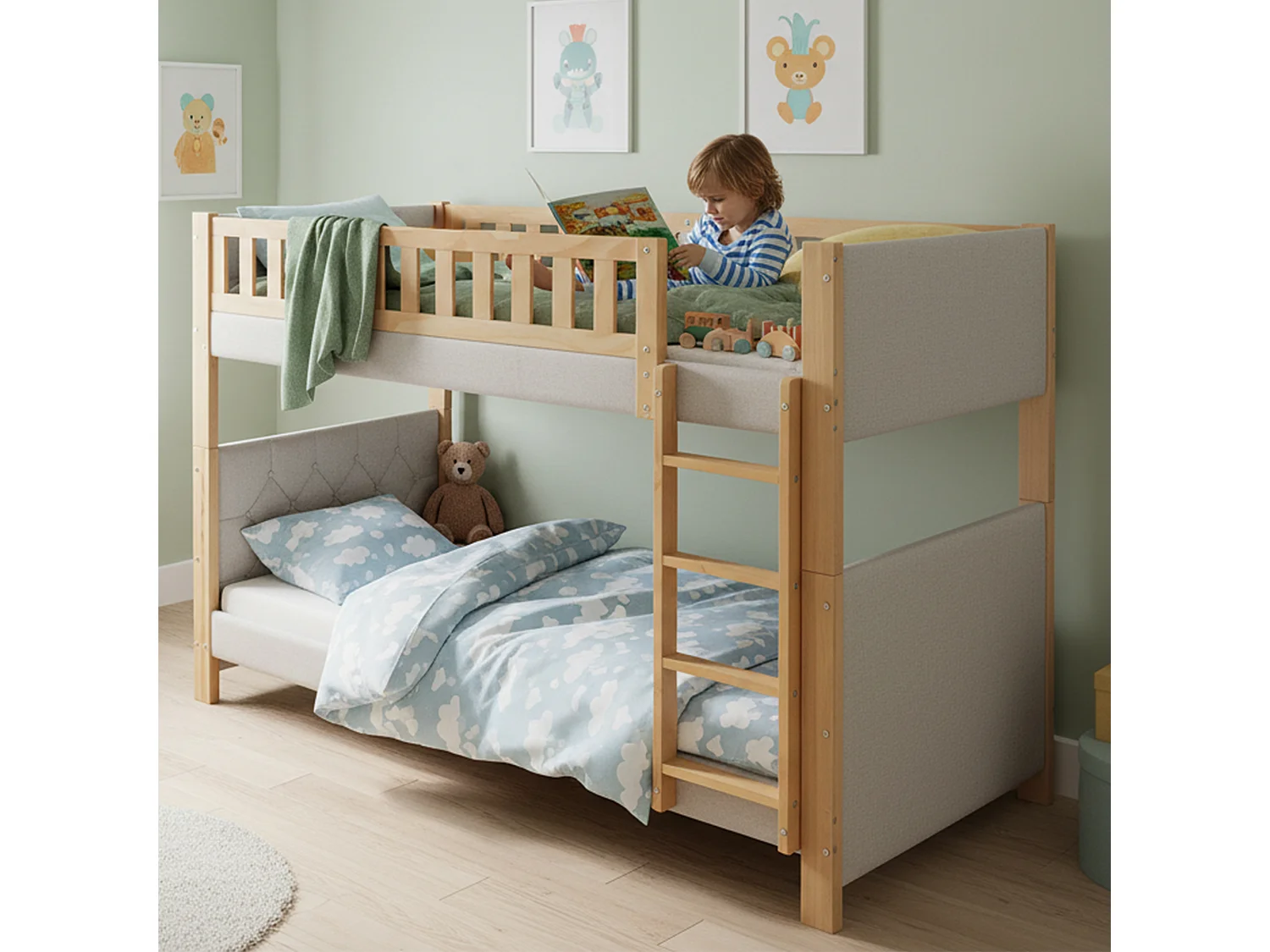 Łóżko piętrowe dla dzieci - 2 x 90 x 200 cm - z amortyzującymi krawędziami z pianki - drewno + MDF - szary + naturalny 4853623 - obrazek 1
