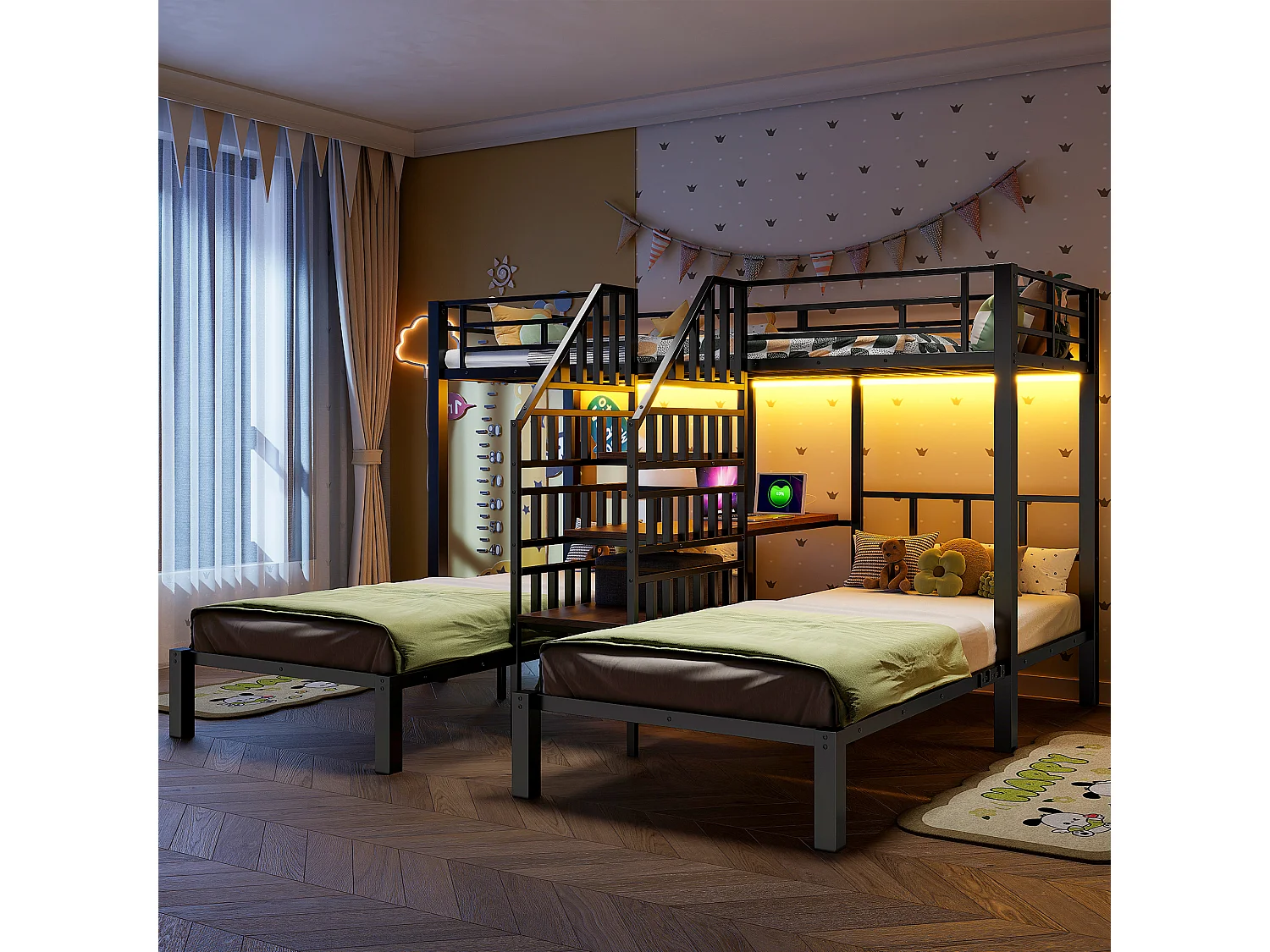 Łóżko piętrowe dla 3 osób - 3 x 90 x 200 cm - z diodami LED + 2 porty USB + gniazdko elektryczne + biurko + drabinka - metalowe - czarne 4853635 - obrazek 1
