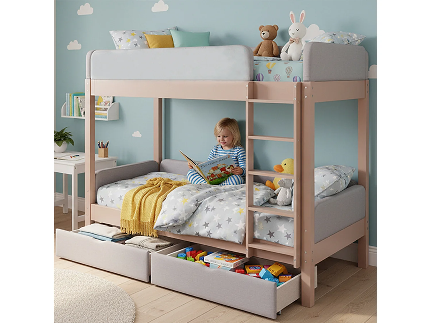 Łóżko piętrowe dla dzieci - 2 x 90 x 200 cm - z amortyzującymi krawędziami z pianki + 2 szuflady - drewno + płyta MDF - kolor szary + naturalny 4853648 - obrazek 1