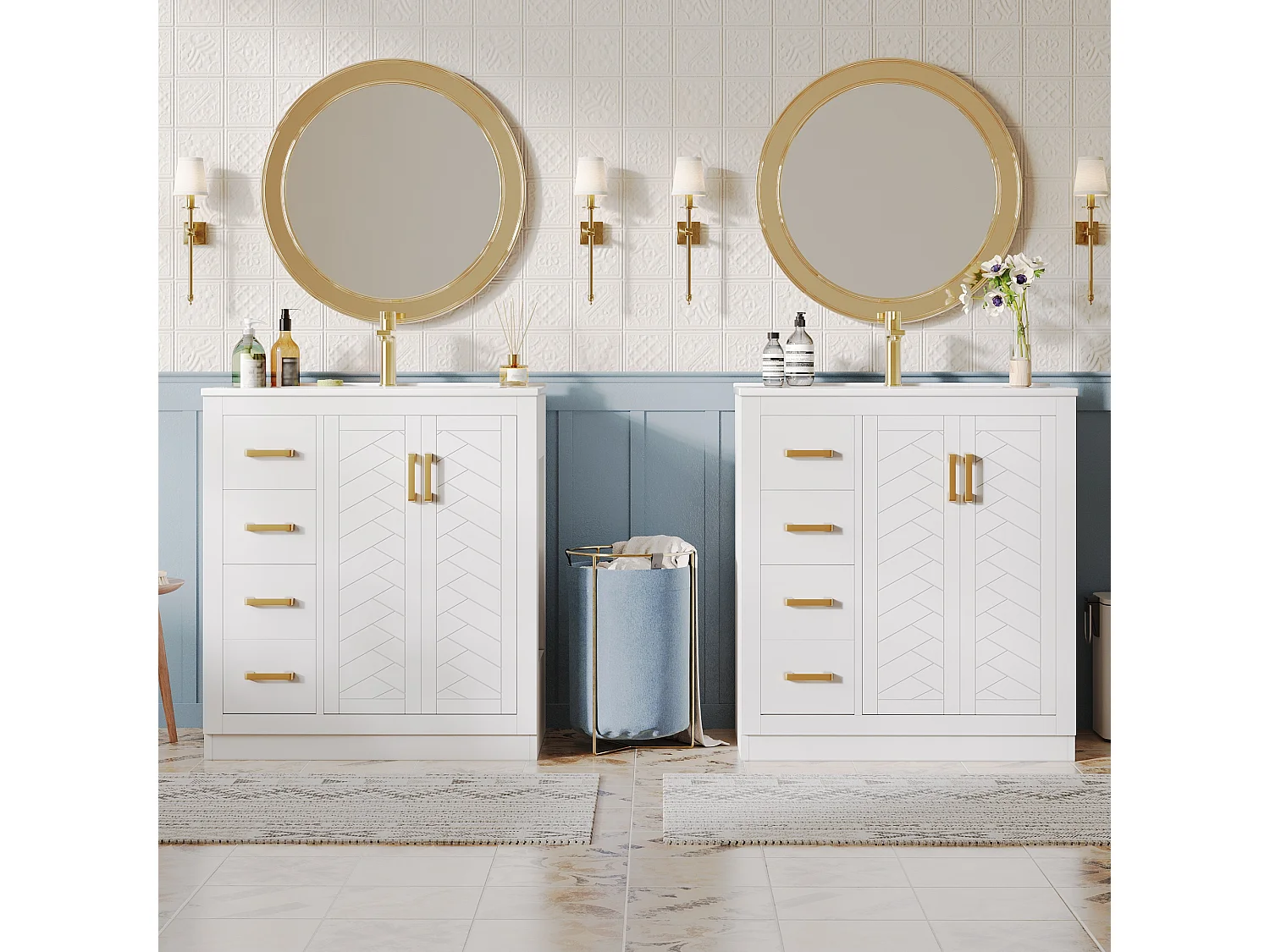 2 szafki łazienkowe z ceramiki – 76,5 x 46,5 x 84,5 cm – z 3 szufladami + półką boczną + 2 drzwiami – MDF – białe 4853665
