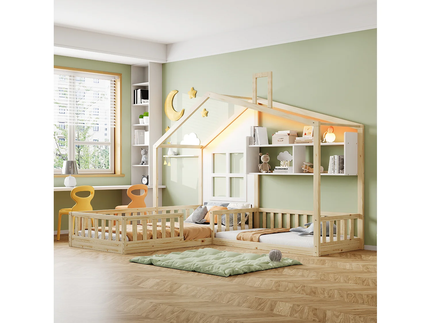 Łóżko dziecięce kabinowe - 90 x 200 cm + 140 x 70 cm - z półkami - MDF + sosna - w zestawie stelaż z listew - naturalny 4853681 - obrazek 1