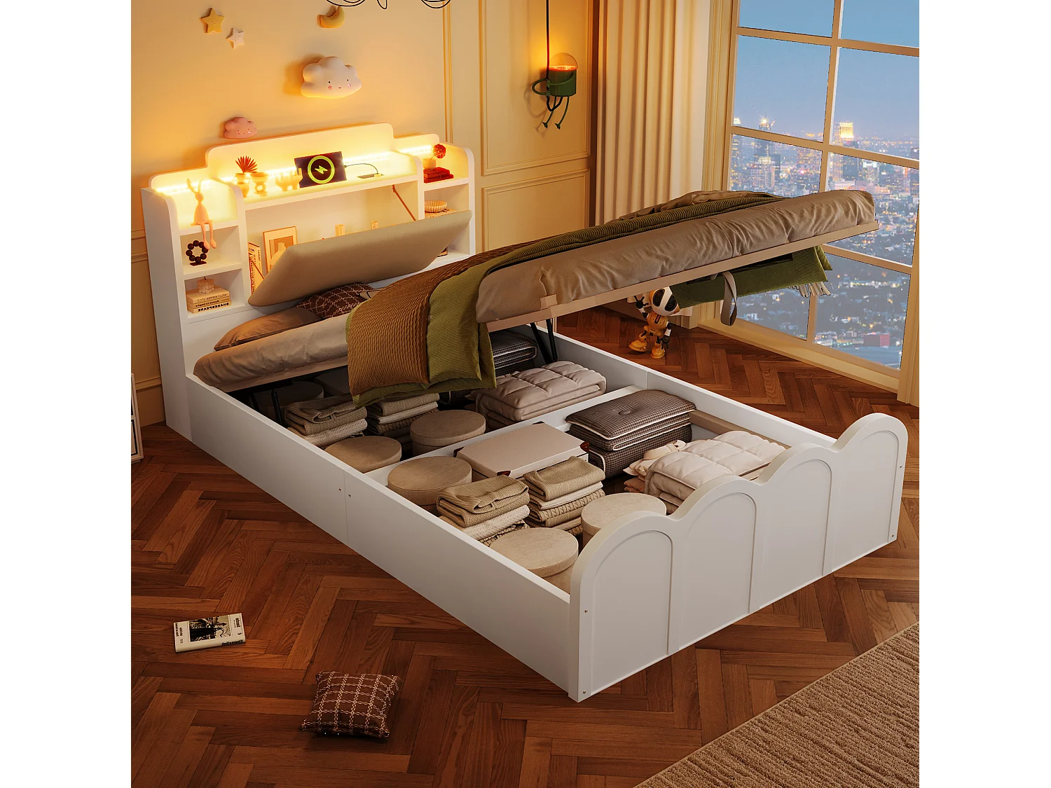 Łóżko hydrauliczne ze schowkiem – 90 x 200 cm – z USB + LED + otwierany zagłówek ze schowkiem – drewno – białe 4853689