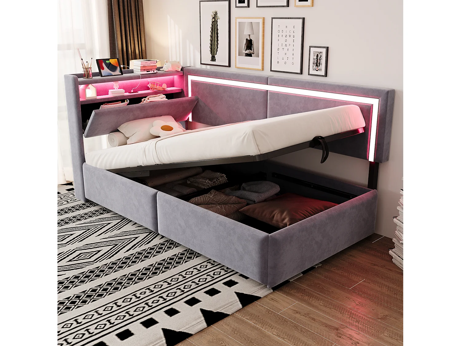 Łóżko dziecięce z pojemnikiem - 90 x 200 cm - z diodami LED + USB + otwierany zagłówek + hydrauliczny schowek - welur - jasnoszary 4853694 - obrazek 1