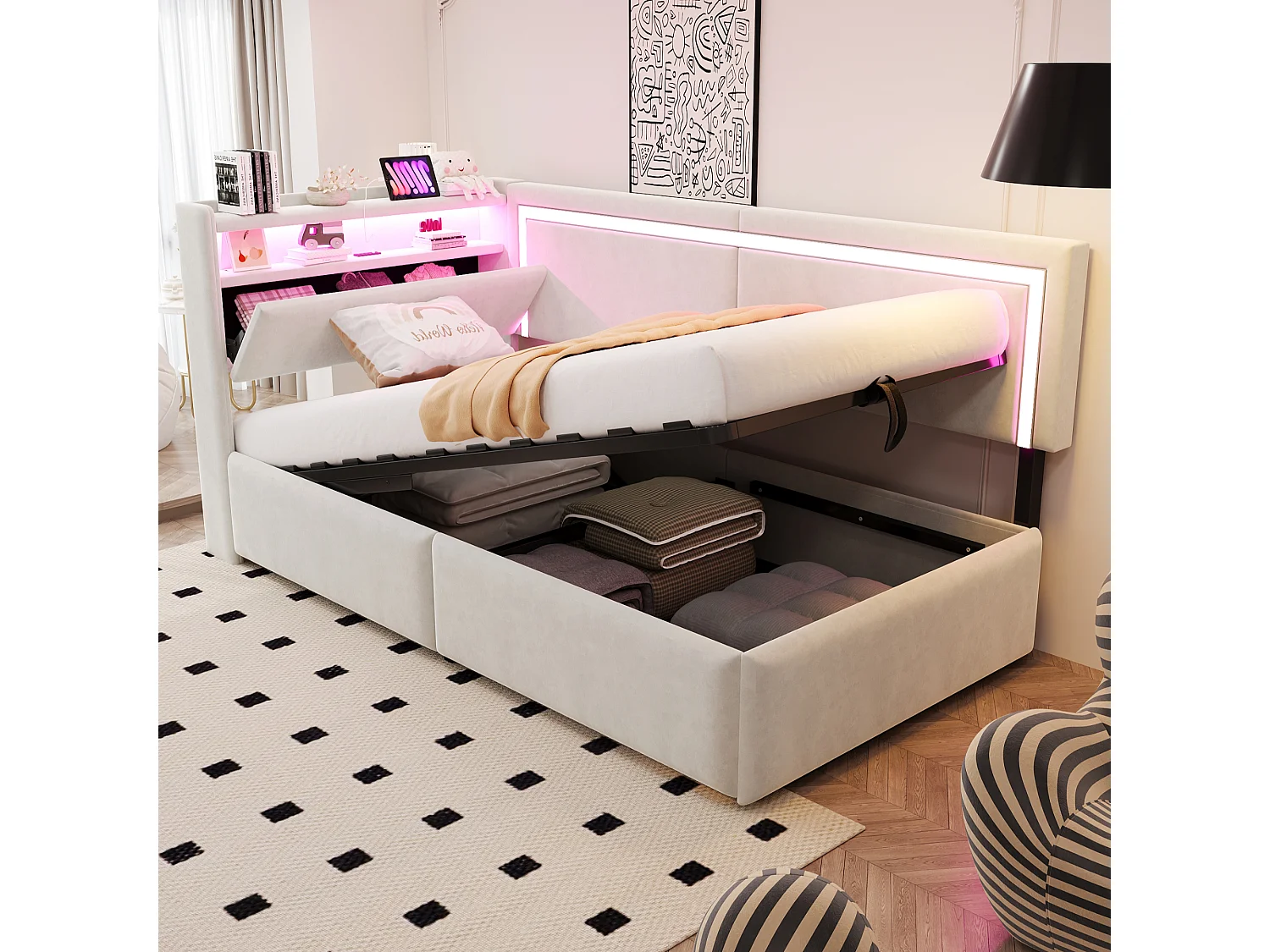 Łóżko dziecięce z pojemnikiem - 90 x 200 cm - z diodami LED + USB + otwierany zagłówek + hydrauliczny schowek - welur - beż 4853738 - obrazek 1