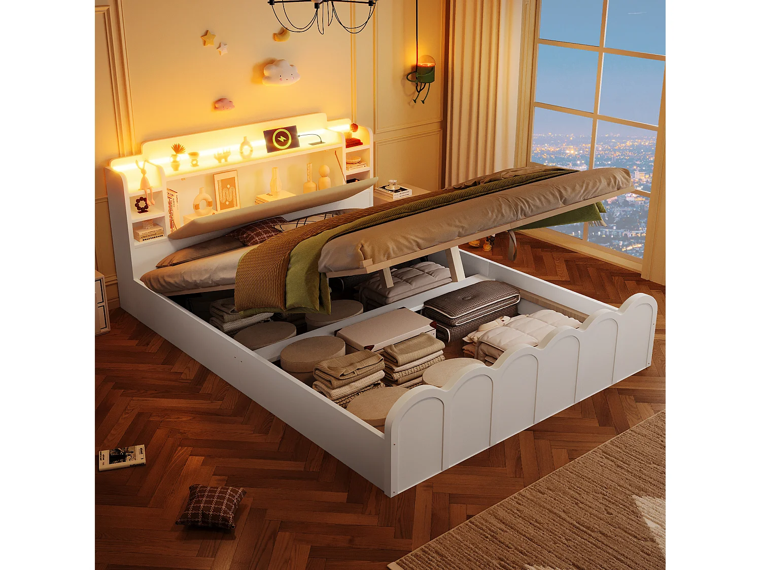 Łóżko hydrauliczne ze schowkiem – 140 x 200 cm – z USB + LED + otwierany zagłówek ze schowkiem – drewno – białe 4853734