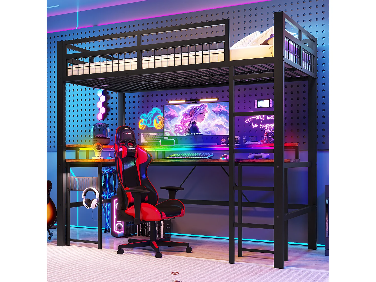 Łóżko piętrowe dla dzieci - 90 x 200 cm - rama żelazna - z diodami LED + biurko + port USB + gniazdko elektryczne - metalowe - czarne 4853735 - obrazek 1