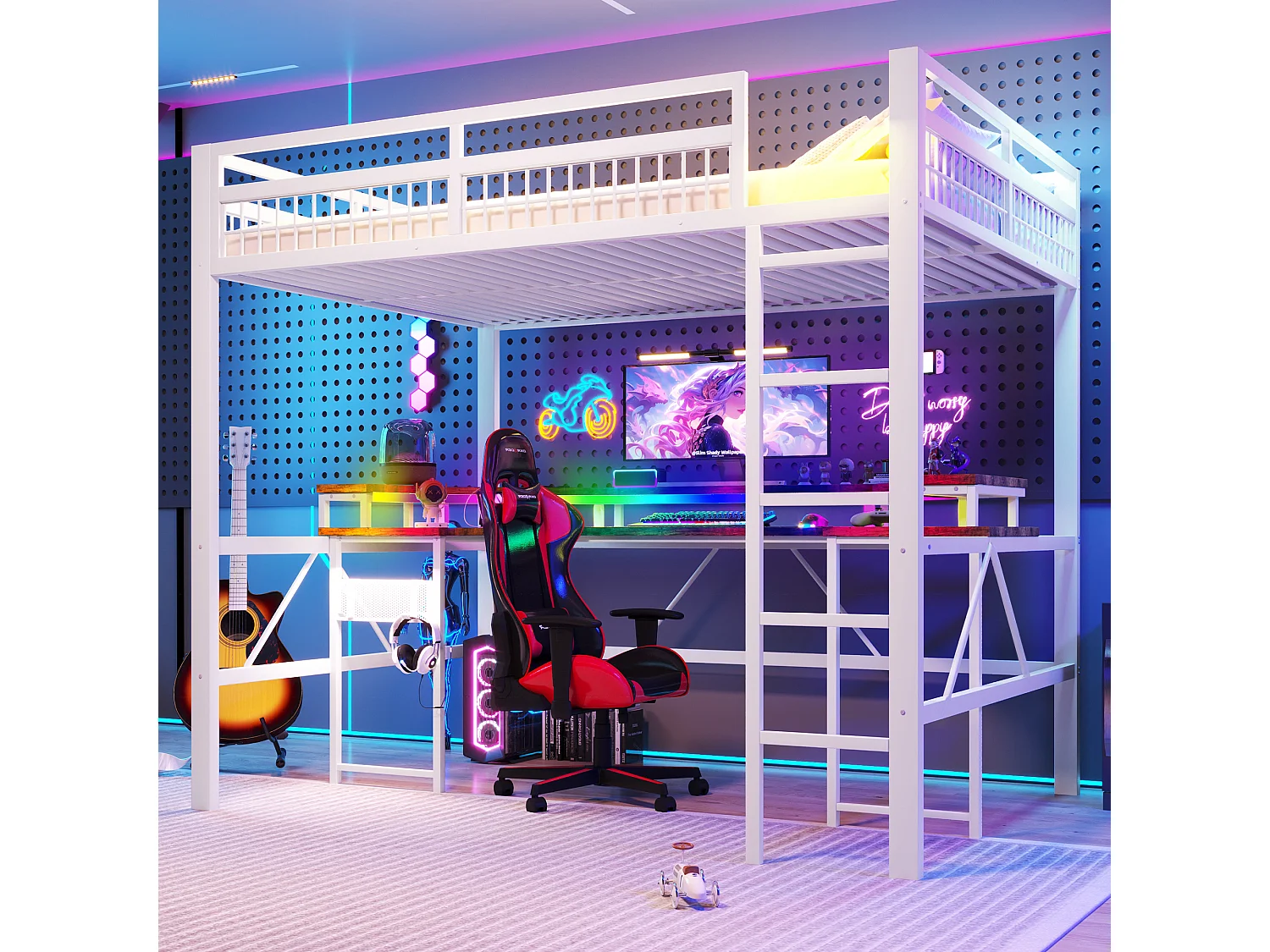 Łóżko piętrowe dla dzieci - 140 x 200 cm - rama żelazna - z diodami LED + biurko + port USB + gniazdko elektryczne - metalowe - białe 4853743 - obrazek 1