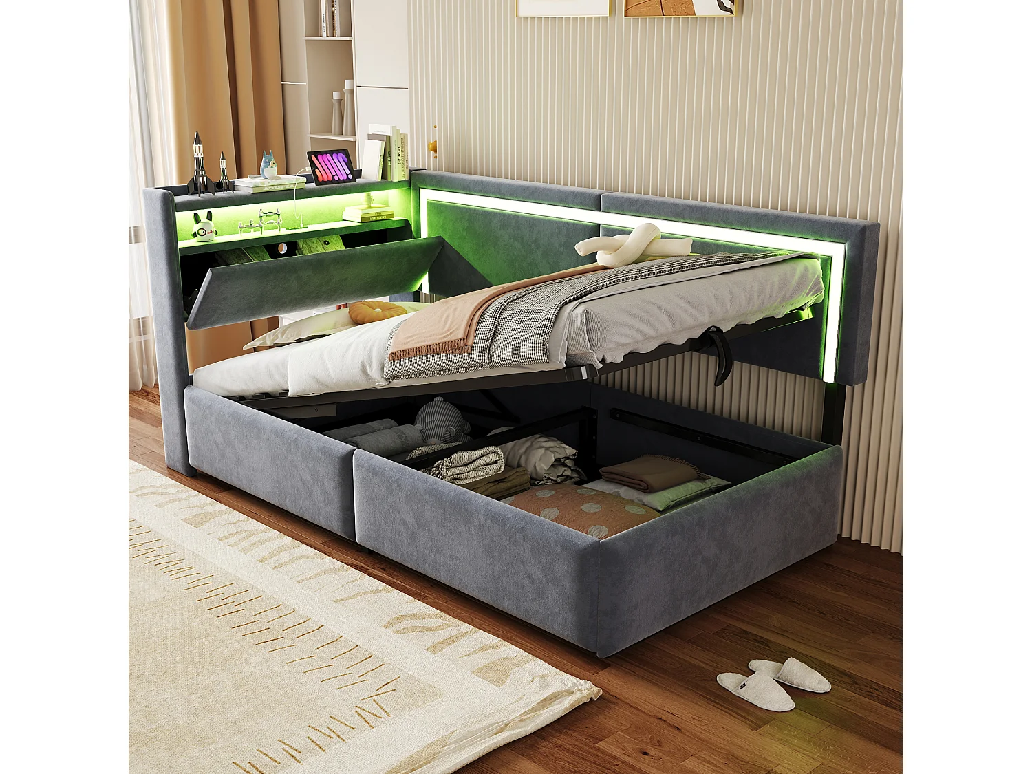 Łóżko dziecięce z pojemnikiem - 90 x 200 cm - z diodami LED + USB + otwierany zagłówek + hydrauliczny schowek - welur - szary 4853753 - obrazek 1