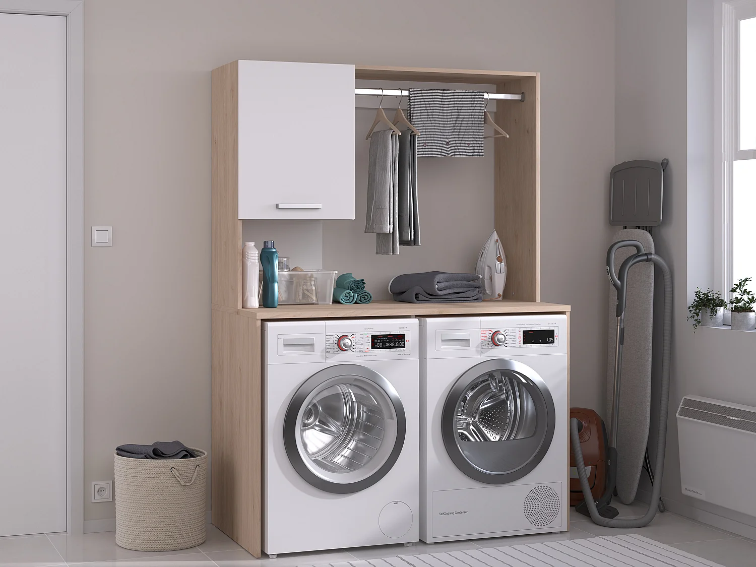 Mebel na 2 pralki z drążkiem na ubrania i szafką – szer. 129 x wys. 184 cm – ARNEKO 4805972 - obrazek 1