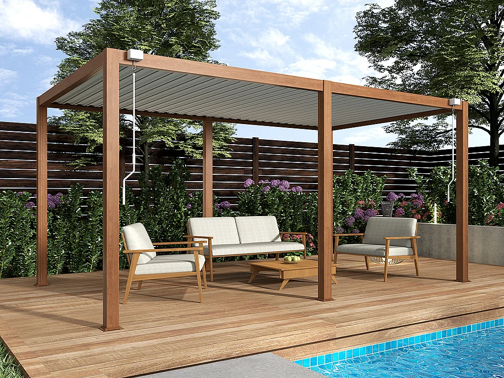 Pergola bioklimatyczna wolnostojąca aluminiowa z regulowanymi lamelami – 15 m² – ciemny naturalny – AMALFI 4319183