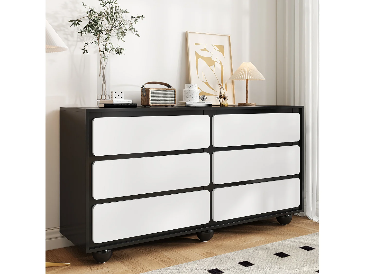 Elegancka komoda/szafa 6-szufladowa - 140 x 38 x 74,5 cm - nowoczesna toaletka - płyta wiórowa - czarny + biały 4396751 - obrazek 1