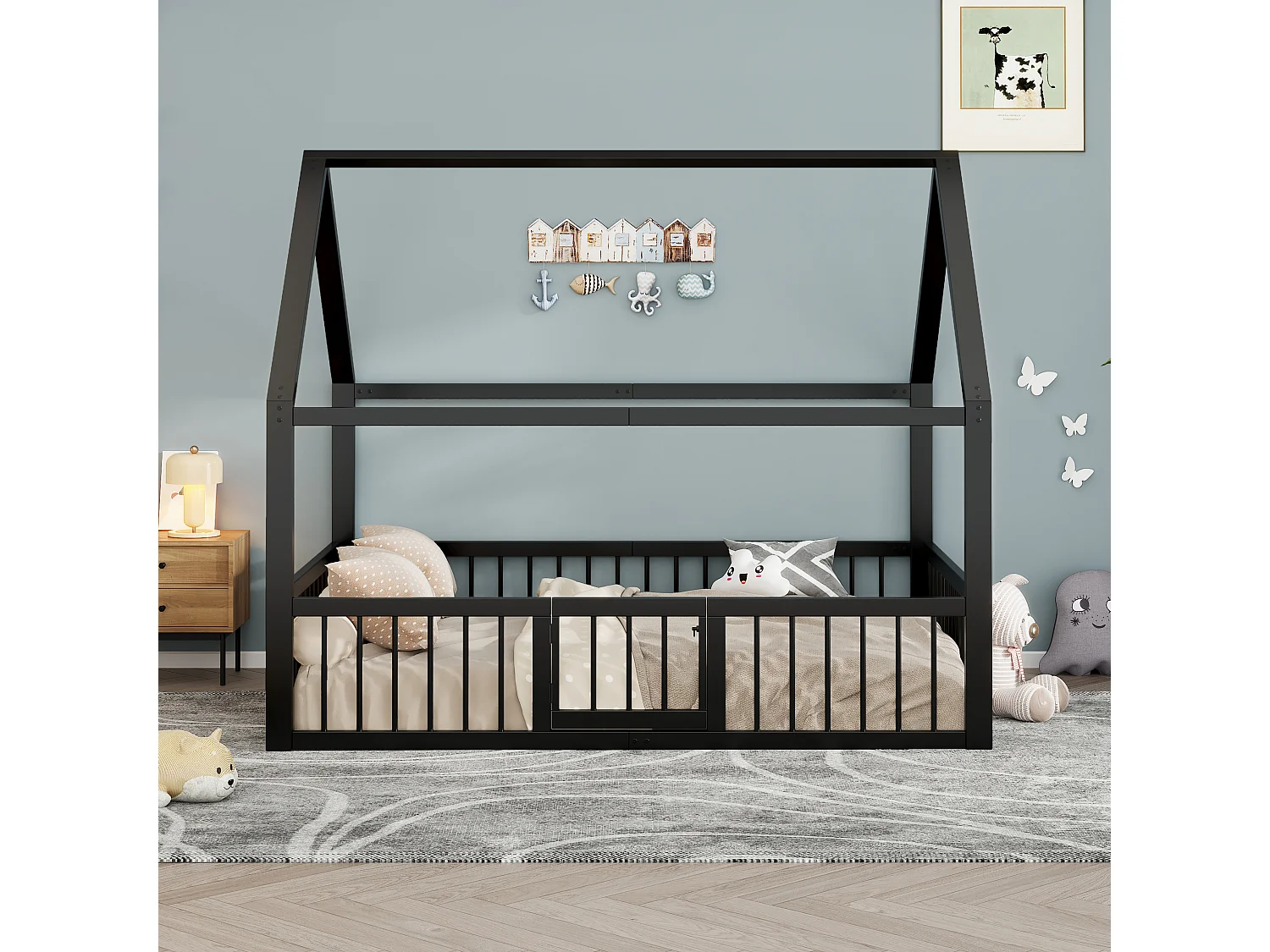 Łóżko metalowe płaskie dla dzieci – 140 x 200 cm – z baldachimem + barierkami + drzwi – czarne 4860397