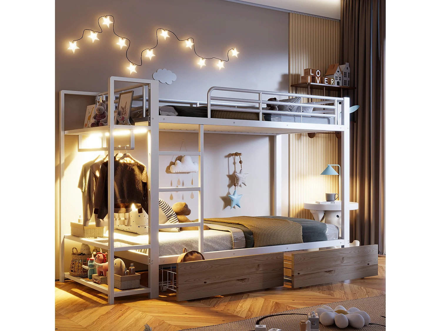 Łóżko piętrowe dla dzieci - 2 x 90 x 200 cm - rama żeliwna - z 2 szufladami + półki + diody LED - metalowe - białe 4860416 - obrazek 1