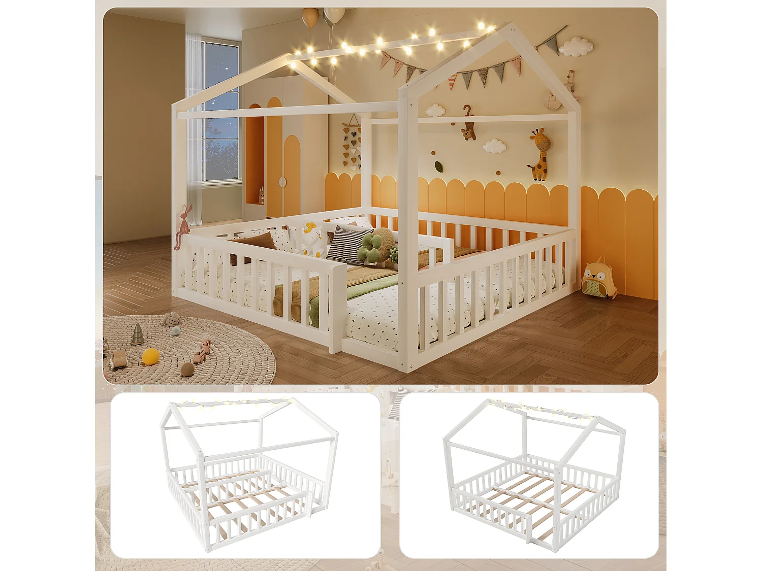 Łóżko dziecięce płaskie - 2 x 90 x 190 cm / 180 x 190 cm - z barierką zabezpieczającą + diody LED - styl minimalistyczny - drewno - kolor biały 4860411 - obrazek 1