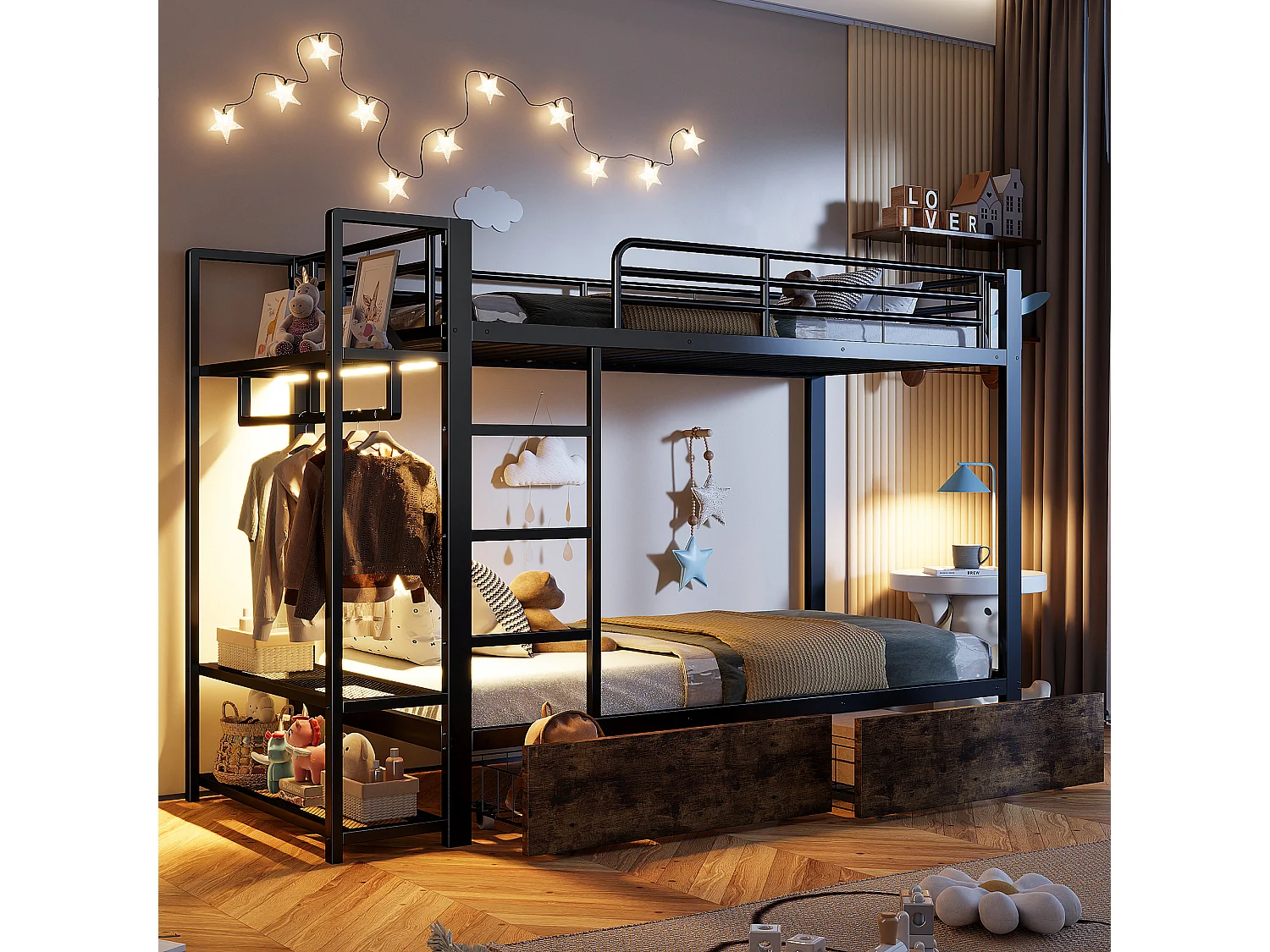 Łóżko piętrowe dla dzieci - 2 x 90 x 200 cm - rama żeliwna - z 2 szufladami + półki + diody LED - metalowe - czarne 4860415 - obrazek 1