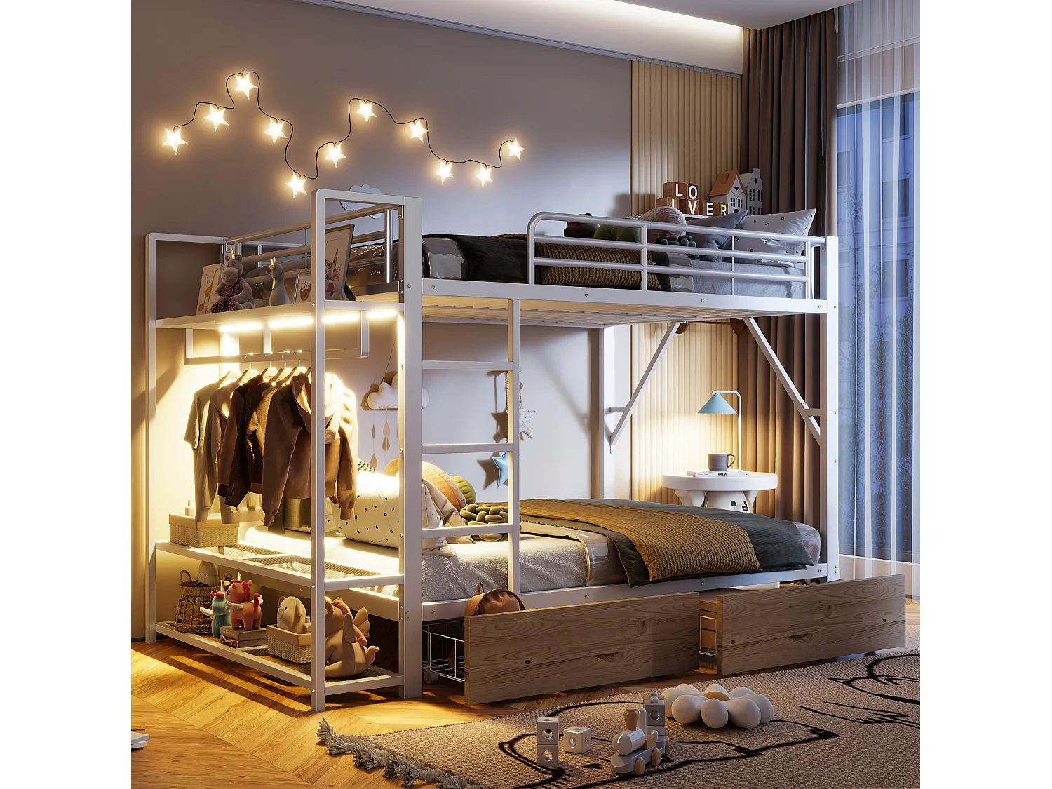 Łóżko piętrowe dla dzieci - 2 x 140 x 200 cm - rama żeliwna - z 2 szufladami + półki + diody LED - metalowe - białe 4860426 - obrazek 1