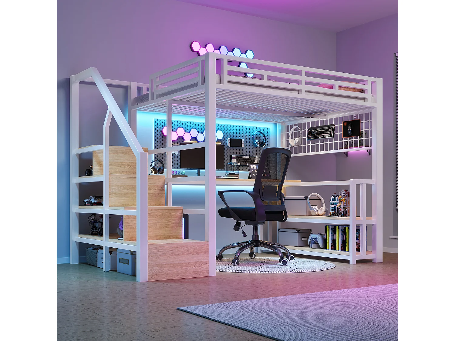 Łóżko piętrowe dla dzieci - 140 x 200 cm - rama żeliwna - z półką + diody LED + biurko + drabinka + port USB - metalowe - białe 4860464 - obrazek 1