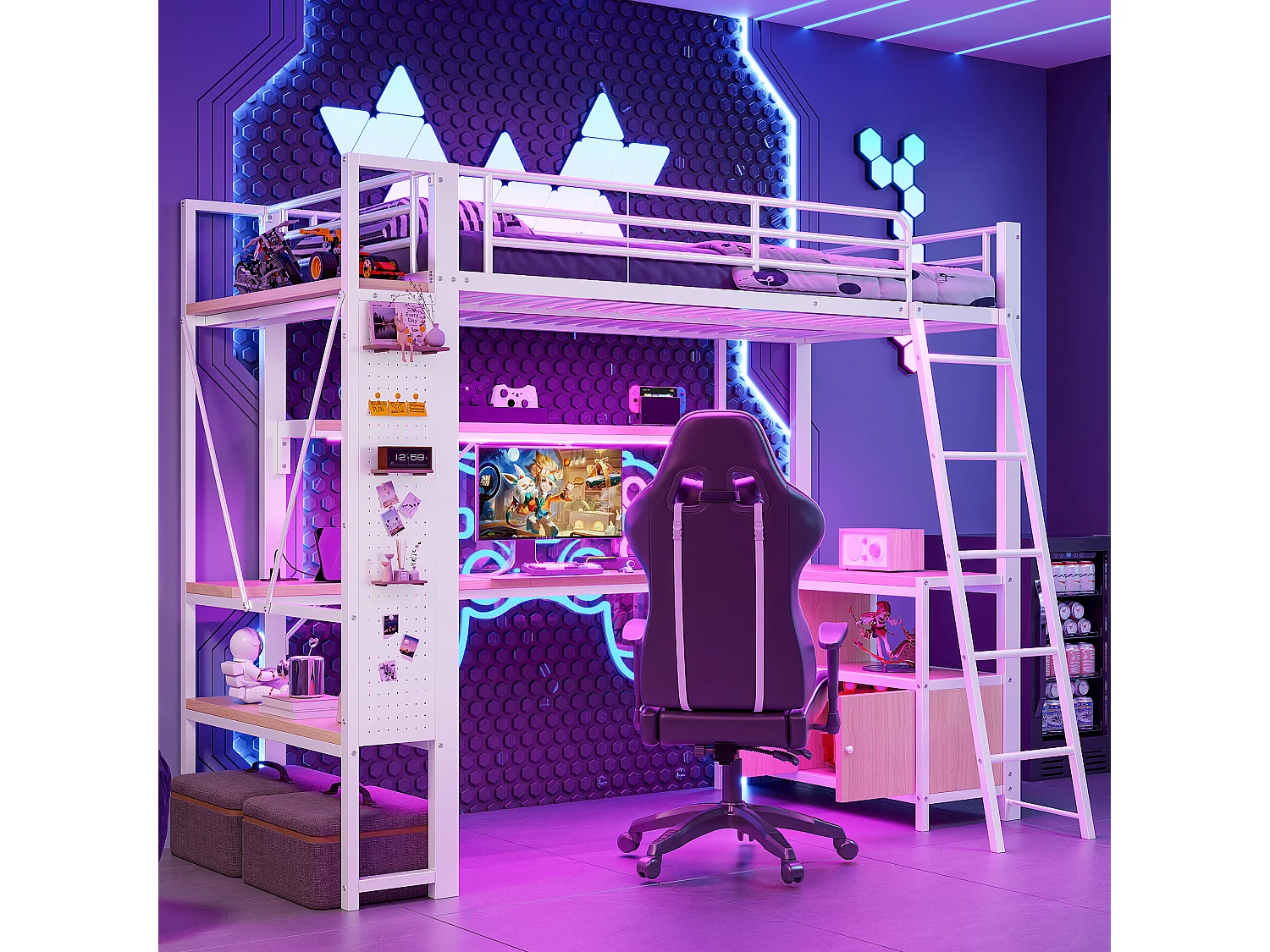 Łóżko piętrowe dla dzieci - 90 x 200 cm - rama żelazna - z diodami LED + biurko + półka + port USB - metalowe - białe 4860465 - obrazek 1
