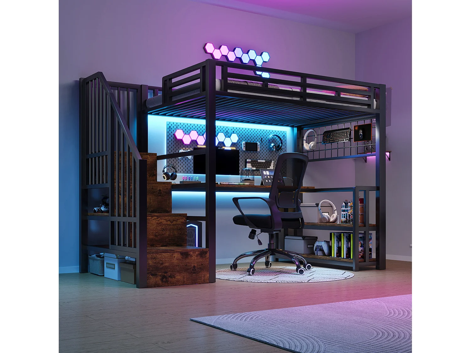 Łóżko piętrowe dla dzieci - 90 x 200 cm - rama żeliwna - z półką + diody LED + biurko + drabinka + port USB - metalowe - czarne 4860474 - obrazek 1