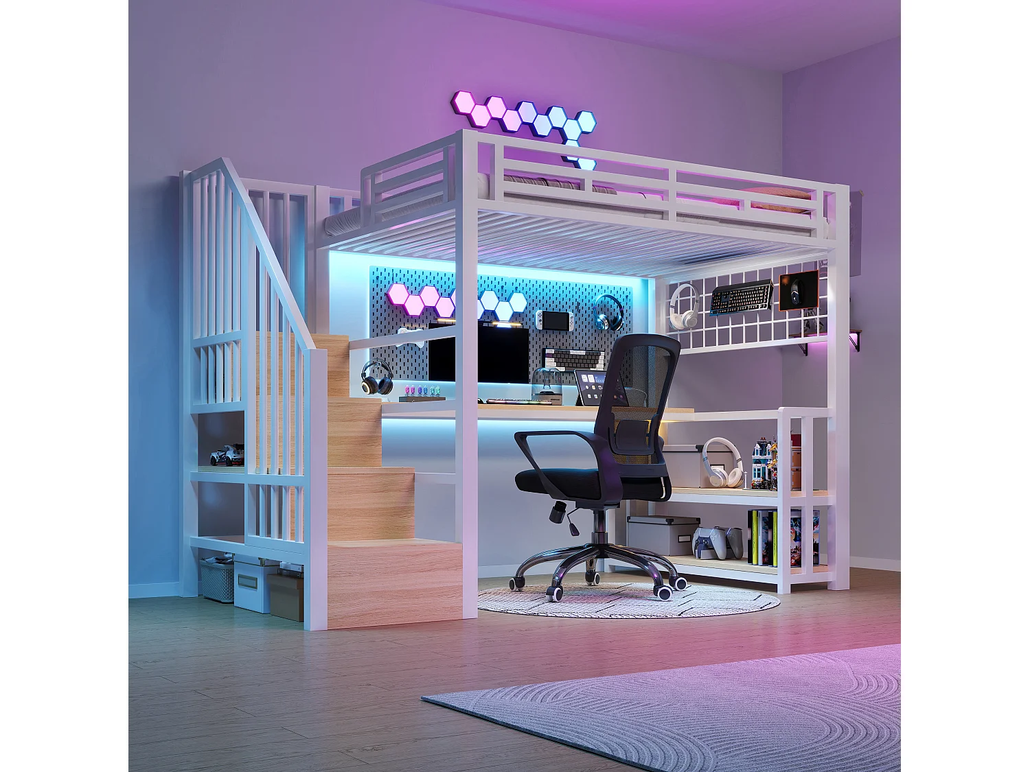 Łóżko piętrowe dla dzieci - 90 x 200 cm - rama żeliwna - z półką + diody LED + biurko + schody do przechowywania + USB - metalowe - białe 4860481 - obrazek 1