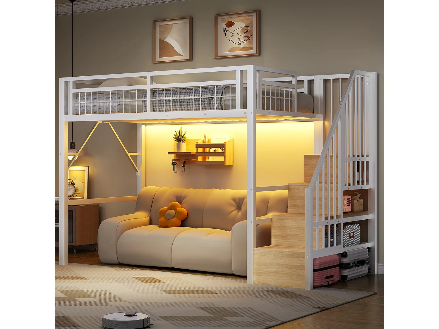 Łóżko piętrowe dla dzieci - 90 x 200 cm - rama żeliwna - z diodami LED + drabinka ze schowkiem - metalowe - białe 4860479 - obrazek 1