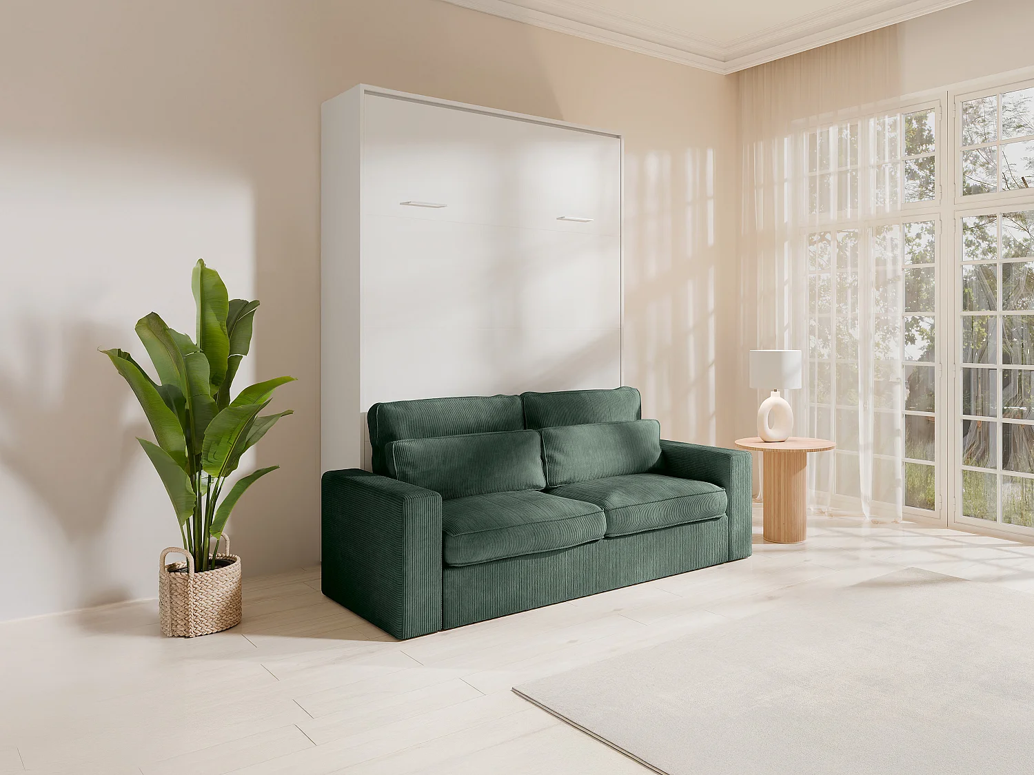 Łóżko chowane w szafie 160 x 200 cm – Ręczne otwieranie pionowe – Białe + kanapa Zielona – BEGANIO 4860770