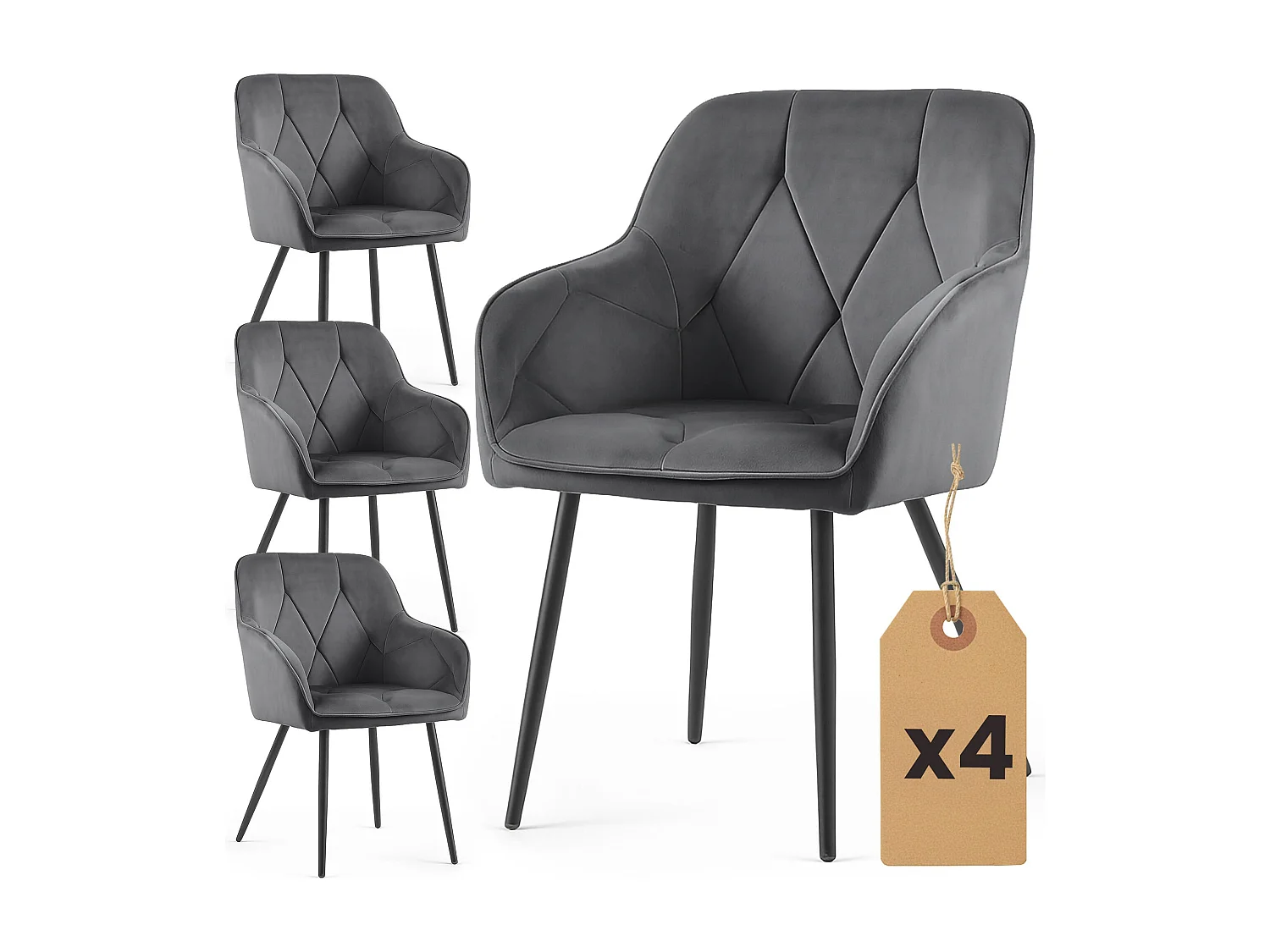4x Welurowe krzesło tapicerowane pikowane Ciemny Grafit DIAMANTE Czarne nogi 4860890 - obrazek 1