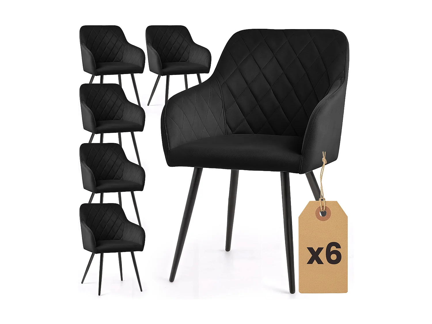 6x Welurowe krzesło tapicerowane pikowane w romby Czarne VELTO Czarne nogi 4860899 - obrazek 1