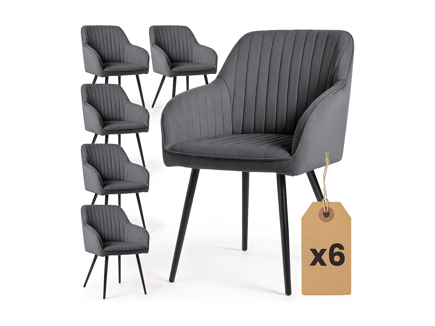 6x Welurowe krzesło tapicerowane z przeszyciami Ciemny Grafit FLORENCE Czarne nogi 4860902 - obrazek 1