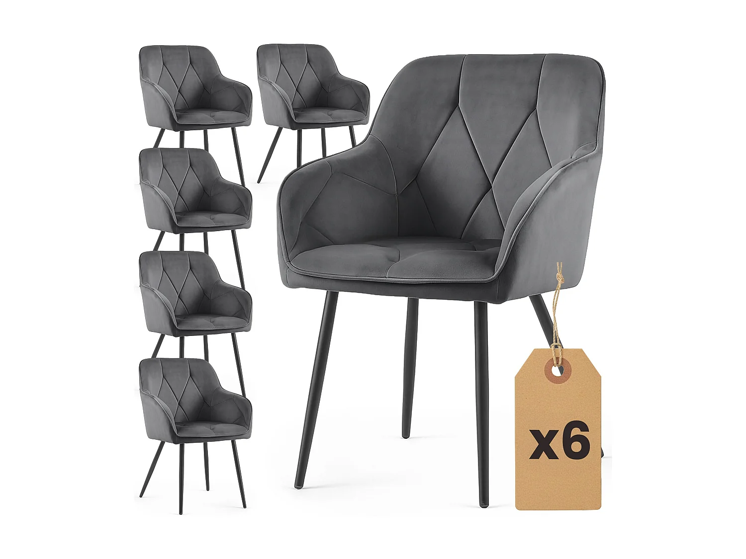 6x Welurowe krzesło tapicerowane pikowane Ciemny Grafit DIAMANTE Czarne nogi 4860913 - obrazek 1